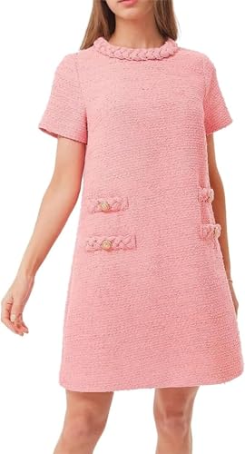 BUNSLOOM Damen Tweed Kleid Kurzarm Elegant Rundhals Business Party Vintage Knopf Bodycon Mini Kleid von BUNSLOOM