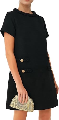 BUNSLOOM Damen Tweed Kleid Kurzarm Elegant Rundhals Business Party Vintage Knopf Bodycon Mini Kleid von BUNSLOOM