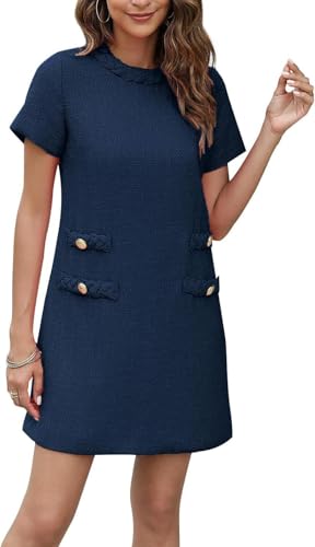 BUNSLOOM Damen Tweed Kleid Kurze Ärmel Crew Neck A-Linie Party Vintage Minirock Causal Dresses von BUNSLOOM