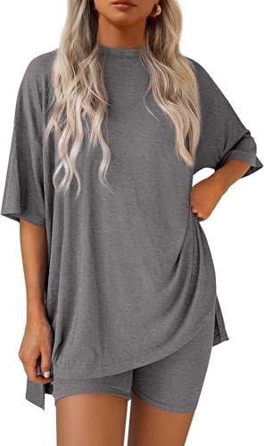 BUNSLOOM Damen Zweiteiler Loungewear Oversize Shirt High Waist Shorts Elastisch Hausanzug Freizeitanzug Schlafanzug von BUNSLOOM