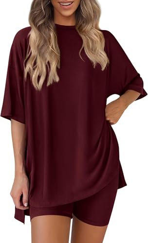 BUNSLOOM Damen Zweiteiler Loungewear Oversize Shirt High Waist Shorts Elastisch Hausanzug Freizeitanzug Schlafanzug von BUNSLOOM