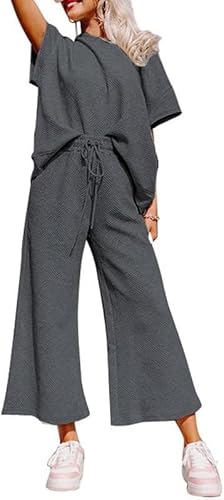 BUNSLOOM Damen Zweiteiler Outfits texturiert Sweatsuit 3/4 Batwing Ärmel Rundhal Pullover Top Weites Bein Hose Trainingsanzug Set BUNSLOOM Damen Zweiteiler Outfits texturiert Sweatsuit 3/4 Batwing Ärmel Rundhal Pullover Top Weites Bein Hose Trainingsanzug Set von BUNSLOOM