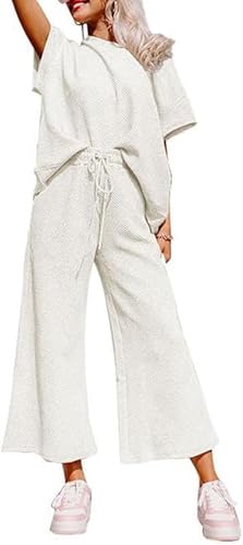 BUNSLOOM 2 Teilig Damen Outfit Sweatanzug Freizeitanzug Langarm Pullover Oberteil Weite Hose Loungewear Trainingsanzug Set von BUNSLOOM