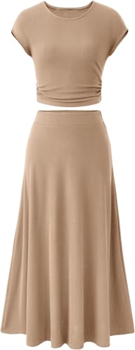 BUNSLOOM Zweiteiler Damen Sommer Rundhals Kurzarm Strickoberteil mit Raffung Elastischer Bund A-Linie Midirock von BUNSLOOM