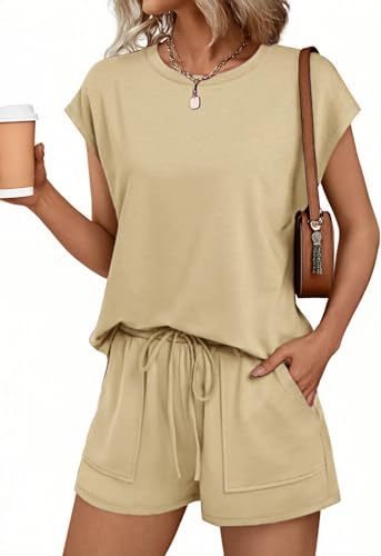 BUNSLOOM Damen Zweiteiler Sommer Kurzarm Kordelzug Verstellbar Taschen Cozy Lounge Shorts Set von BUNSLOOM