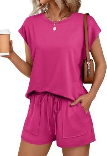 BUNSLOOM Damen Zweiteiler Sommer Kurzarm Kordelzug Verstellbar Taschen Cozy Lounge Shorts Set von BUNSLOOM