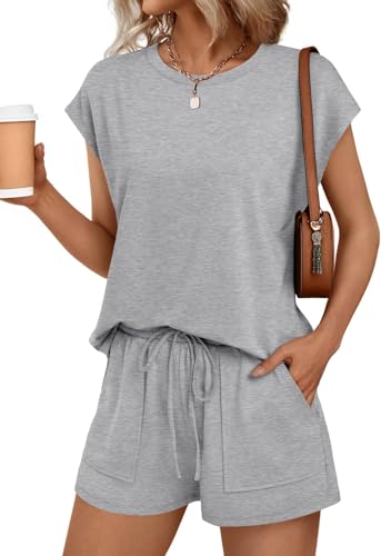 BUNSLOOM Damen Zweiteiler Sommer Kurzarm Shorts Rundhals Set Kordelzug mit Taschen von BUNSLOOM