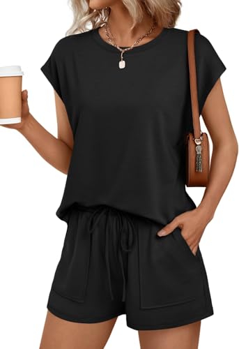 BUNSLOOM Damen Zweiteiler Sommer Kurzarm Shorts Rundhals Set Kordelzug mit Taschen von BUNSLOOM