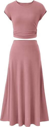 BUNSLOOM Damen Zweiteiler Sommeroutfit Elegante Casual Strick Kurzarm Crop Top Hohe Taille Midi Rock von BUNSLOOM