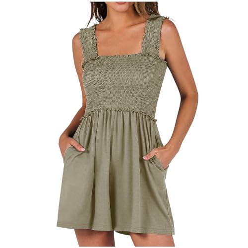 BUNSLOOM Jumpsuit Damen Sommer Ärmellos Quadratischer Ausschnitt Rüschen Träger Kurzer Einteiler mit Taschen Flowy Overall von BUNSLOOM