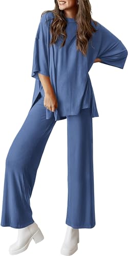BUNSLOOM Freizeitanzug Damen Lockeres Sommer Set Kurzarm Top und Weite Hose mit Elastischem Bund von BUNSLOOM