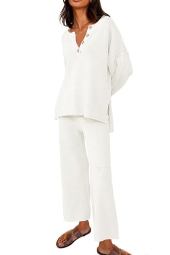 BUNSLOOM Damen 2 Stück stricken Pullover Hosen Sweatsuit Lounge Set Oberteil Weitem Bein Jogginganzug Set von BUNSLOOM