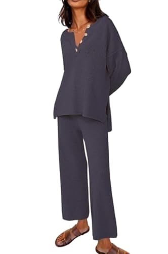 BUNSLOOM Frauen 2 Teilig Outfits Knit Loungewear Loose Slouchy Pullover Set Herbst Trendy Matching Lounge Sets von BUNSLOOM