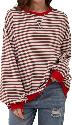 BUNSLOOM Frauen Oversized Gestreiftes Sweatshirt Crew Neck Langarm Farbe Block Pullover Lose Passform Y2K Streifen Pullover Shirt Tops von BUNSLOOM