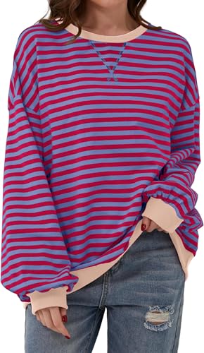 BUNSLOOM Frauen gestreift Pullover Tops Herbst Kleidung Lange Laterne Ärmel weich lose Rundhalsausschnitt Y2K Sweatshirts von BUNSLOOM