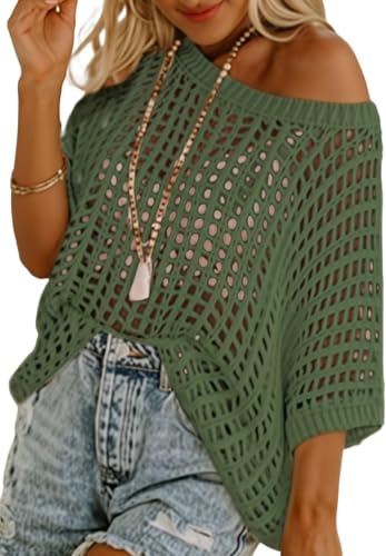 BUNSLOOM Häkelpullover Damen Schulterfrei Rundhals Strickpullover Übergröße Hakelnadel Mesh Cover Up Lässig Oberteil von BUNSLOOM