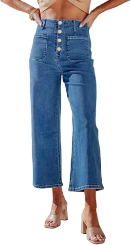 BUNSLOOM Jeans Damen High Waist Cropped Stretch Gerade Weites Bein Capri Jeanshose mit Knopfleiste Trendy Denim Pants von BUNSLOOM
