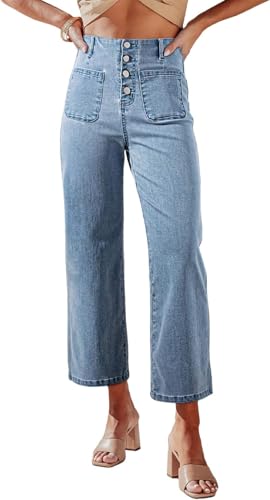 BUNSLOOM Jeans Damen High Waist Cropped Stretch Gerade Weites Bein Capri Jeanshose mit Knopfleiste Trendy Denim Pants von BUNSLOOM