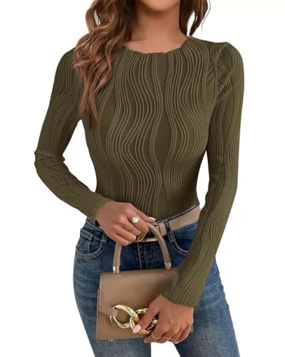 BUNSLOOM Langarm Tops für Damen Rundhals Elegante Oberteile Stretch Pullover Einfarbig Enge Shirts Herbst 2025 von BUNSLOOM