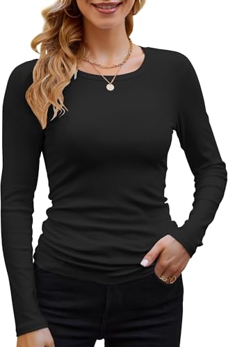 BUNSLOOM Langarmshirt Damen Rundhal Elegant Oberteile Tops Slim Fit Rippstrick T Shirt Basic Frauen Kleidung Langarm Pullover Schwarz L von BUNSLOOM