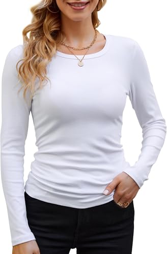 BUNSLOOM Langarmshirt Damen Rundhal Elegant Oberteile Tops Slim Fit Rippstrick T Shirt Basic Frauen Kleidung Langarm Pullover Weiß S von BUNSLOOM
