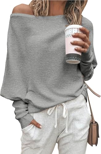 BUNSLOOM Langarmshirt Damen Schulterfrei Fledermausärmel Oversize Shirt Elegante Modische Oberteile Einfarbig Basic Top von BUNSLOOM