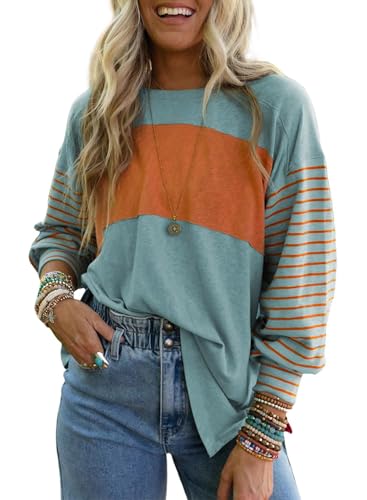 BUNSLOOM Langarmshirts Damen Oversize 2025 Trendy Rundhals Tunika Pullover Casual Sweatshirts Farbblock Kleidung Hemden Blusen von BUNSLOOM