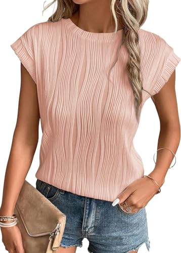 BUNSLOOM Oberteile Damen Sommer Kurzarm Strukturiert Tops Rundhals Lässig Lose Stricken Basic T Shirts von BUNSLOOM