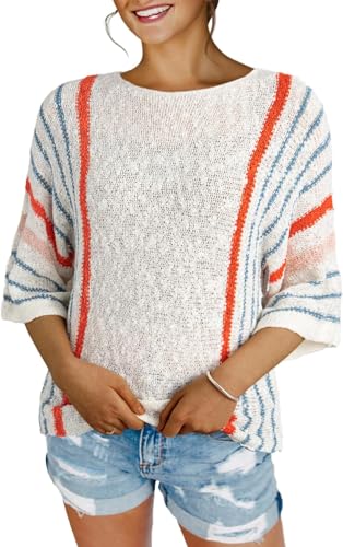 BUNSLOOM Pullover Damen 3/4 Arm Farbblock Shirt Rundhalsausschnitt Leicht Modern Bluse von BUNSLOOM