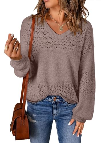 BUNSLOOM Pullover Damen Lässiger Langarm V-Ausschnitt Leicht Häkelpullover Pullover Tops Elegant Einfarbig Oberteile von BUNSLOOM