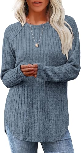 BUNSLOOM Pullover Damen Langarmshirt Leicht Strickpullover Gebogener Saum Herbst Winter 2025 Tunika Rundhals Oberteile Blau M von BUNSLOOM