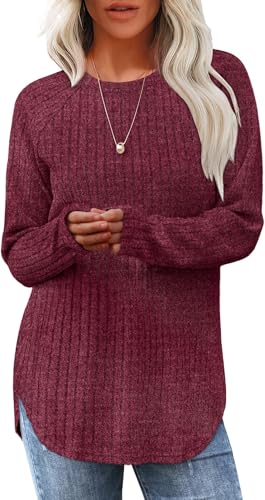 BUNSLOOM Pullover Damen Langarmshirt Leicht Strickpullover Gebogener Saum Herbst Winter 2025 Tunika Rundhals Oberteile Rot L BUNSLOOM Pullover Damen Langarmshirt Leicht Strickpullover Gebogener Saum Herbst Winter 2025 Tunika Rundhals Oberteile Rot L von BUNSLOOM