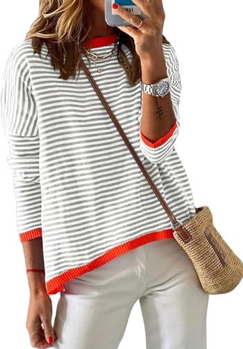 BUNSLOOM Pullover Damen Rundhals Langarm Gestreifter Sweatshirt Gestrickt Herbst Farbblock Oberteile von BUNSLOOM