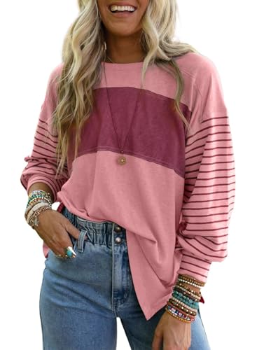 BUNSLOOM Pullover Damen Rundhals Langarmshirt Color Block Oberteile Elegant Tunika Weich Herbst Mode Lässig T-Shirts von BUNSLOOM