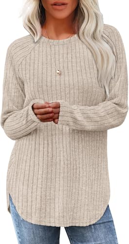 BUNSLOOM Pullover Damen Rundhals Strickpullover Gebogener Saum Sweatshirts Herbst Lässige Langarmshirt Elegant Oberteile 2025 Beige L von BUNSLOOM