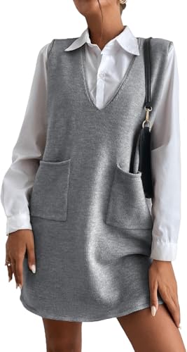 BUNSLOOM Pullover Damen V-Ausschnitt Stricken Weste Pullunder Ärmellos Strick Jumper Sweater Elegante Herbst Kurz Minikleid mit Taschen von BUNSLOOM