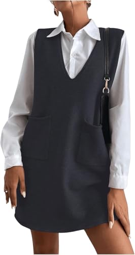 BUNSLOOM Pullover Damen V-Ausschnitt Stricken Weste Pullunder Ärmellos Strick Jumper Sweater Elegante Herbst Kurz Minikleid mit Taschen von BUNSLOOM