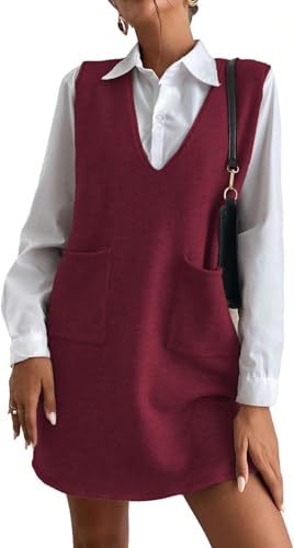 BUNSLOOM Pullover Damen V-Ausschnitt Stricken Weste Pullunder Ärmellos Strick Jumper Sweater Elegante Herbst Kurz Minikleid mit Taschen von BUNSLOOM
