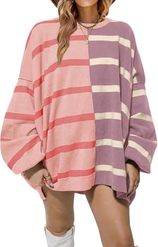 BUNSLOOM Pullover Damen Winter Gestreifte Oversize Pullover Langarm Farbe Block lässig Stricken Top von BUNSLOOM