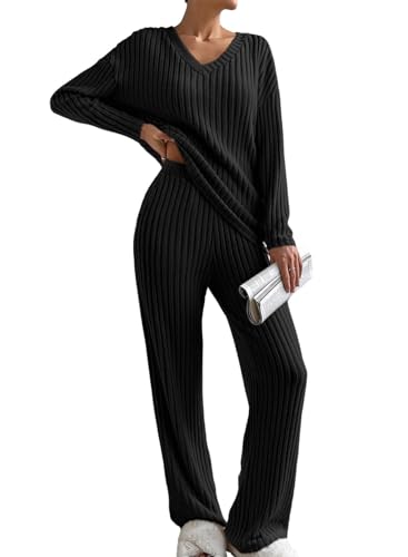 BUNSLOOM Pyjama Sets Damen Langarm V-Ausschnitt 2 Teilige Lounge Sets Rippstrick Pullover Nachtwäsche Lässige Zweiteiler Outfit von BUNSLOOM