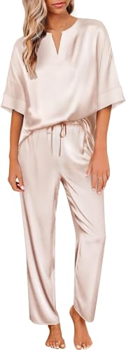 BUNSLOOM Satin Pyjama Set Damen Seide Kurzarm V Ausschnitt Shirt mit langer Hose Soft Loungewear Pjs Set von BUNSLOOM