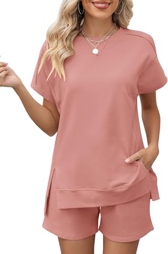 BUNSLOOM Schlafanzug Damen Kurz Zweiteiler Baumwolle Einfarbig mit Rundhals Elastikbund und Taschen von BUNSLOOM
