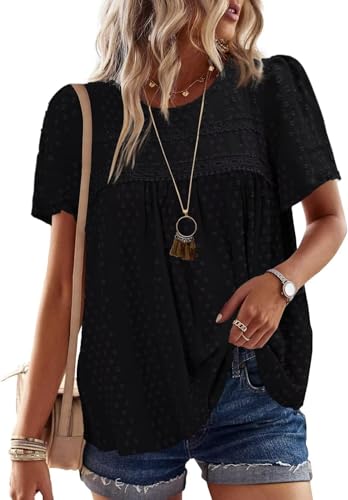 BUNSLOOM Sommer Oberteile Damen Chiffon Shirt Kurzarm Rundhals mit Spitze Saum Boho Stil von BUNSLOOM