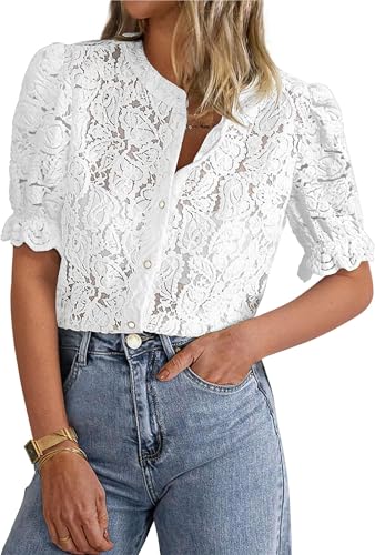 BUNSLOOM Spitzenbluse Damen Kurzarm mit Puffärmeln Rundhals Knopfleiste Elegant Büro Oberteil BUNSLOOM Spitzenbluse Damen Kurzarm mit Puffärmeln Rundhals Knopfleiste Elegant Büro Oberteil von BUNSLOOM