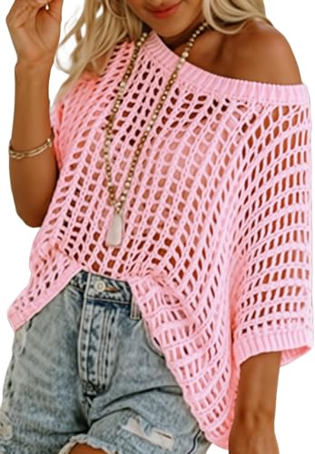 BUNSLOOM Strandkleid Damen Kurzarm Pullover Mode Aushöhlung Rundhals Strick Tops Cover Ups von BUNSLOOM