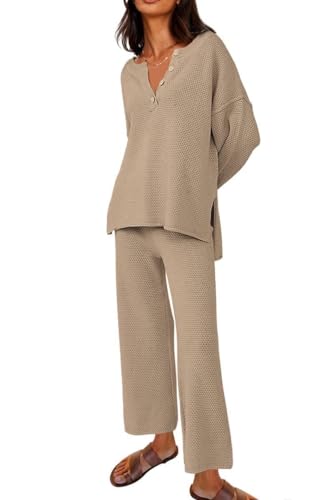 BUNSLOOM Strickanzug Damen 2 Stück Strickpullover mit Knopf und Weitem Bein Loungewear Set Trainingsanzüge von BUNSLOOM