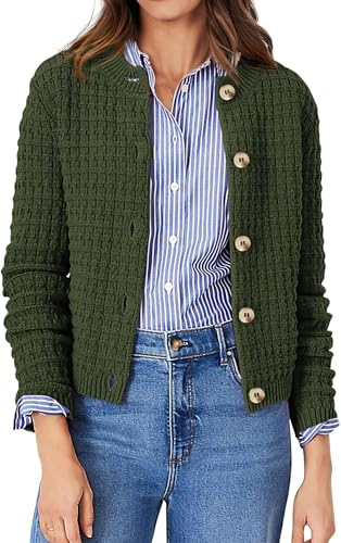 BUNSLOOM Strickjacke Damen Elegant Kurz Cardigan Knopfleiste Sweater Herbst Winter Gestrickt Jacke Langarm Lose Strickmantel Armeegrün M von BUNSLOOM