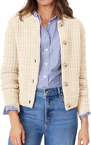 BUNSLOOM Strickjacke Damen Elegant Kurz Cardigan Knopfleiste Sweater Herbst Winter Gestrickt Jacke Langarm Lose Strickmantel Beige L von BUNSLOOM