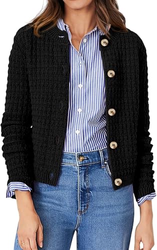 BUNSLOOM Strickjacken für Damen Langarm Kurz Strickjacke Rundhals Waffelstrick Cardigan Vintage Knopfleiste Klassisch Sweater Schwarz L von BUNSLOOM
