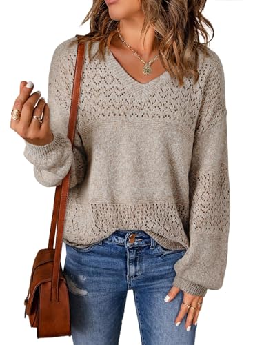 BUNSLOOM Strickpullover Damen Oversize Leichte Häkelarbeit V-Ausschnitt Pullover Elegant Einfarbig Oberteile Elegant Top von BUNSLOOM